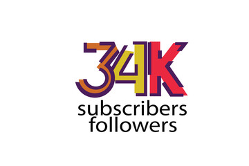 34K, 34.000 subscribers or followers blocks style with 3 colors on white background for social media and internet-vector