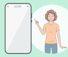 smiling curly hair woman wearing t shirt pointing finger to phone. girl looked excited and surprised. 
space for text. hand drawn with thin lines style.