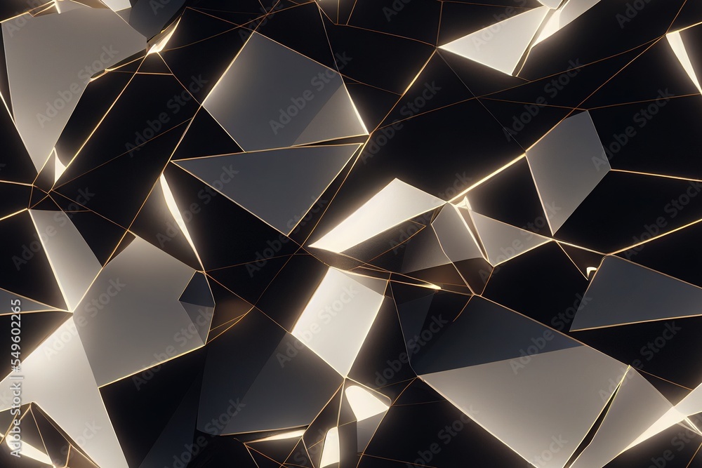 Wall mural abstract black and gold crystal 3d background wallpaper, faceted texture, macro panorama