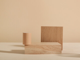 Minimalist wooden scene. Abstract minimal empty stage with rectangle podiums on beige background....