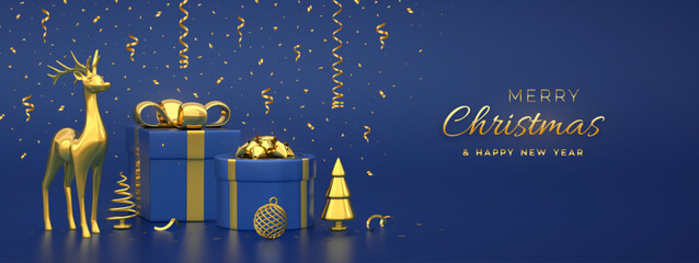 Christmas banner. Composition from gift boxes with golden bow gold deer and golden metallic pine, spruce trees. New Year trees, balls. Xmas background, greeting card, header. Vector 3D illustration.