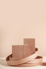 Minimalist wooden scene. Abstract minimal empty stage with rectangle podiums on beige background. Mockups display for product presentation.	
