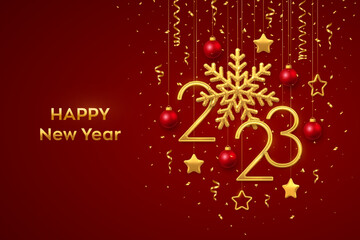 Fototapeta na wymiar Happy New 2023 Year. Hanging Golden metallic numbers 2023 with shining snowflake and confetti on red background. New Year greeting card or banner template. Holiday decoration. Vector illustration.