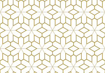 Six pointed star geometric Islamic style repeat pattern with crossing lines fill in gold color outline, PNG transparent background