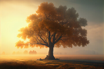Naklejka na ściany i meble Foggy maple tree at sunset