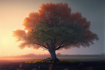 Foggy maple tree at sunset