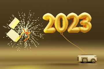 Splashing water CAR happiness transport vehicle and gift box fireworks to 2023 background for transport or automotive automobile industrial and car business happy new year 2023 image