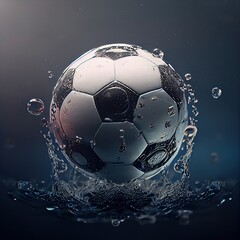 Football soccer ball deep in the water isolated on black background. Generative AI