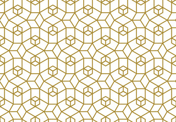 3d floating cubes illusion line art geometric repeat pattern in gold color outline, PNG transparent background