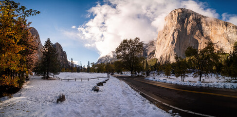 Road trip with snow in California's Yosemite National Park, California, USA.
