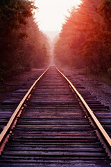 Fototapeta premium Railroad tracks converging in distance, Greenfield, New Hampshire