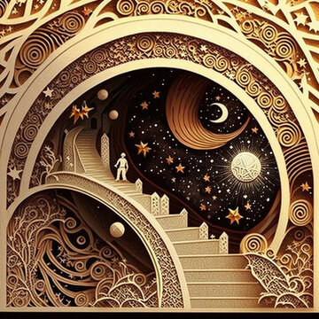 Multi layer paper cut craft, paper illustration, tunnel, stars and planets in vine, ornate detailed.