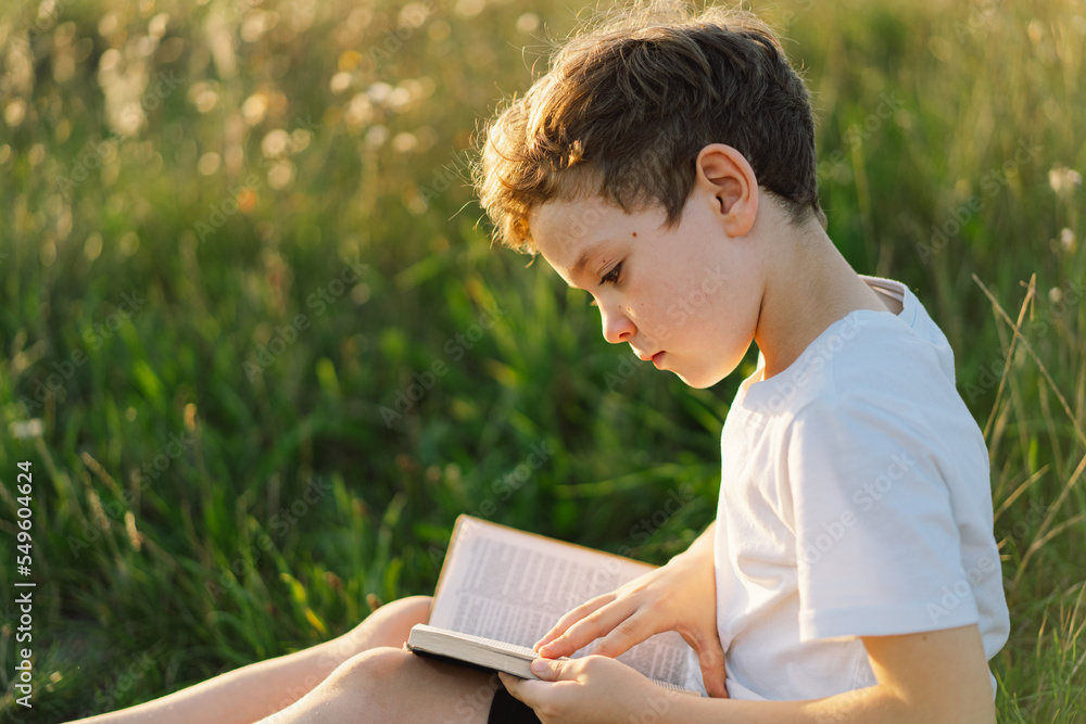 Wall mural christian boy holds bible in her hands. reading the holy bible in a field during beautiful sunset. c