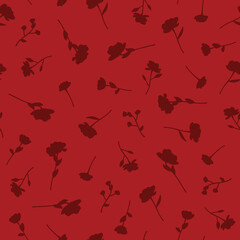 Random Scattered Red Silhouette Ditsy Flowers Textiles Surface Design Seamless Repeat Pattern Design on Red Background 