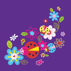Fototapeta na wymiar cute insects playing with beautiful flowers vector