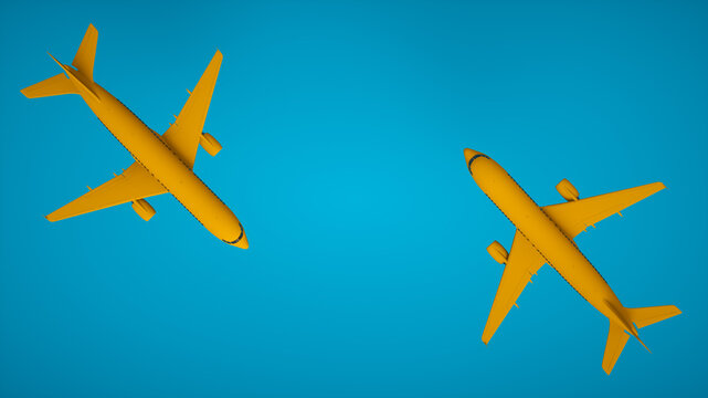 Realistic 3D rendering airplane. Two yellow aircraft on blue background, top view.