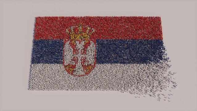 Aerial view of a Crowd of People, gathering to form the Flag of Serbia. Serbian Banner on White Background.