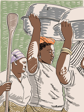 An Illustration of a group of women carrying pots of food on her head at amatebeto