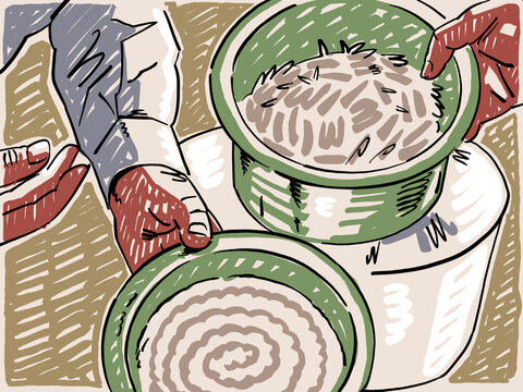 An Illustration of food exchanging hands at amatebeto