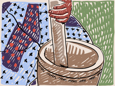 An Illustration of hands punding groundnuts