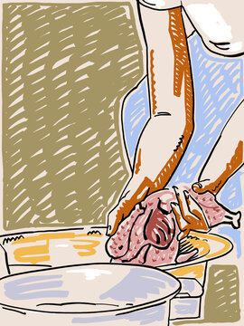 An Illustration of hands washing village chicken