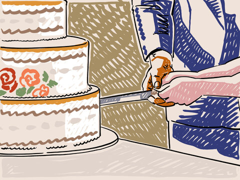 An Illustration of bride and groom cutting wedding cake