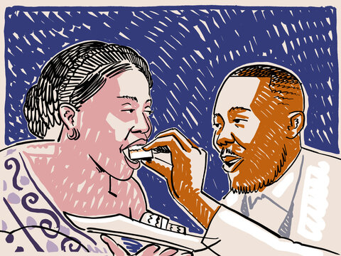 An Illustration of groom feeding bride wedding cake