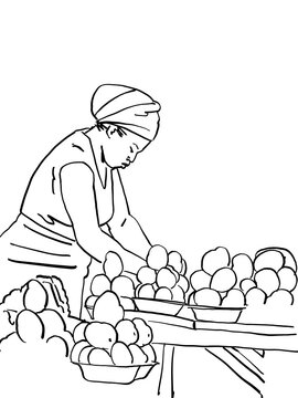 An Illustration of a female street vendor selling mangoes