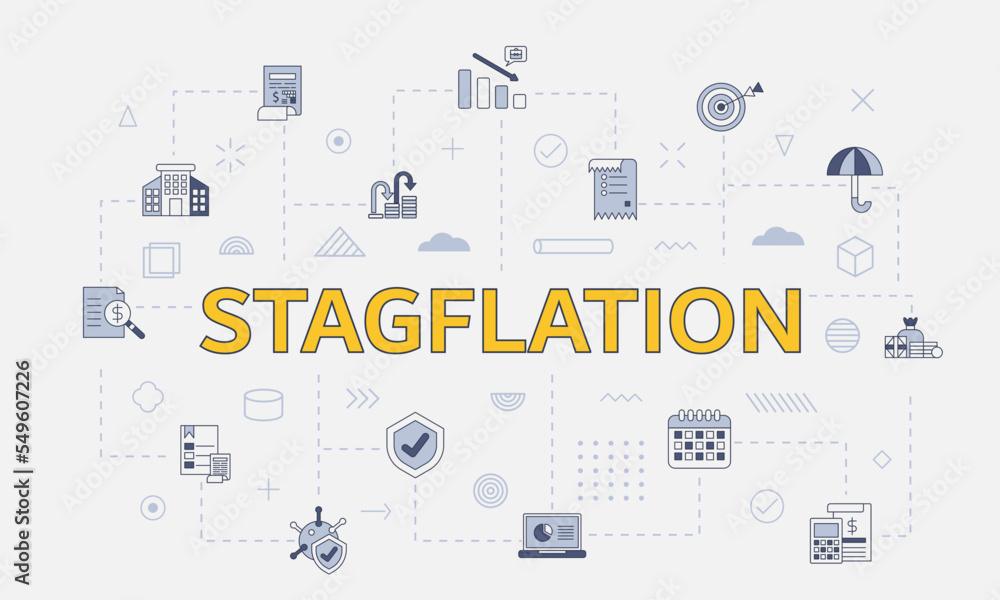 Poster stagflation concept with icon set with big word or text on center