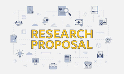 research proposal concept with icon set with big word or text on center