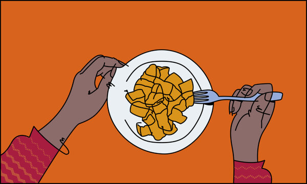 A flat lay illustration of hands eating sweet potatoes