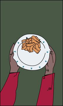 An Illustration of two hands carrying a plate with cooked wild mushrooms ndole