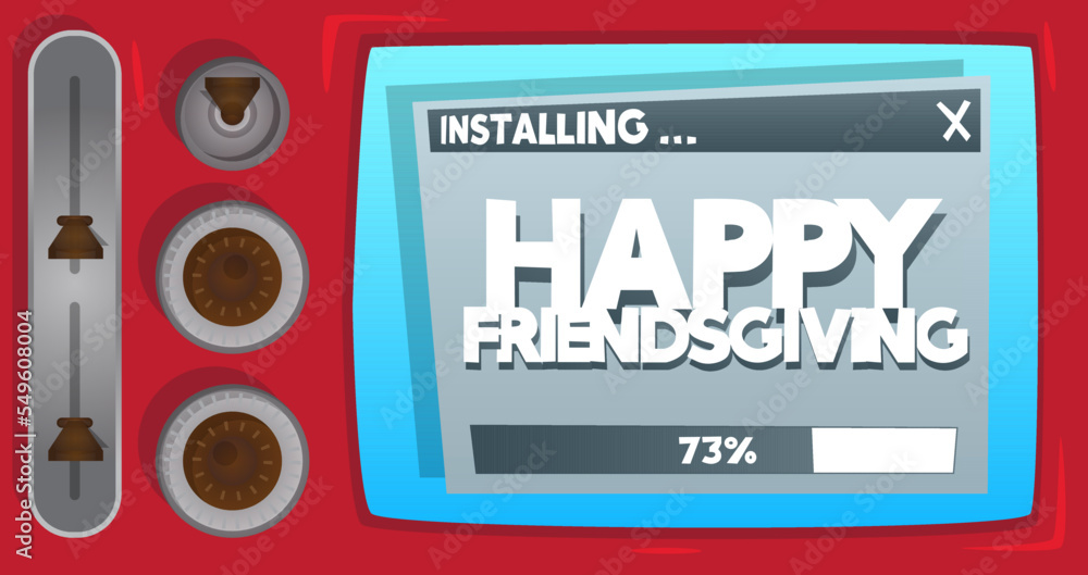 Poster cartoon computer with the word happy friendsgiving. message of a screen displaying an installation w