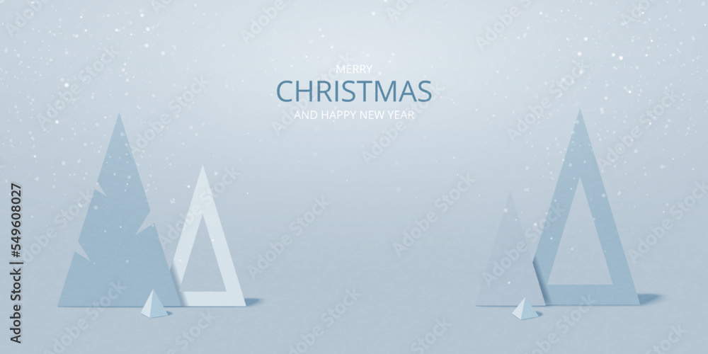 Poster Abstract minimal winter scene for product display presentation and triagle pine trees on geometric background.  3D Paper Art Vector illustration.