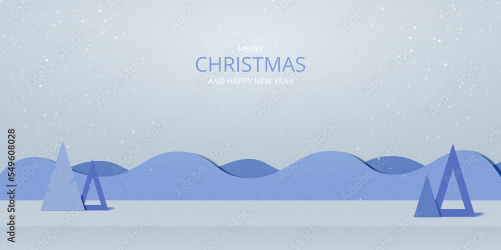 Poster abstract minimal winter scene and pine trees on mountains background. 3d paper art vector illustrati