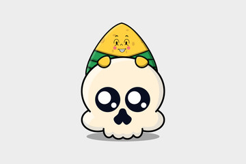 Cute Chinese rice dumpling cartoon character hiding in skull illustration in flat modern design