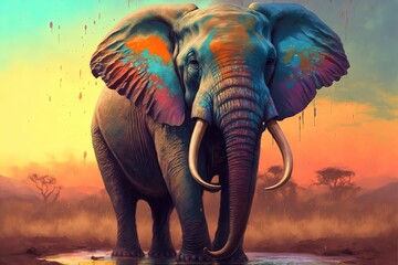 Colorful painting of a elephant with creative abstract elements as background