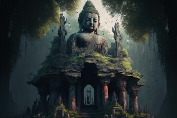 huge buddha in ruins temple. environmental architecture, digital art, concept art.