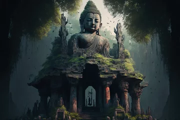 Poster huge buddha in ruins temple. environmental architecture, digital art, concept art. © FuryTwin