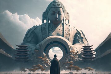 huge buddha in ruins temple. environmental architecture, digital art, concept art.