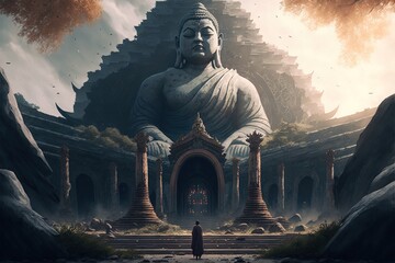 huge buddha in ruins temple. environmental architecture, digital art, concept art.