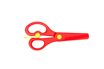 top view of a pair of red colored plastic scissors
