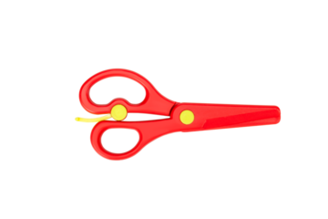 top view of a pair of red colored plastic scissors