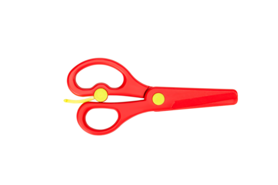 top view of a pair of red colored plastic scissors