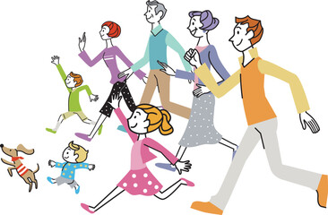 三世代家族　走る　集合　イラスト　横向き
