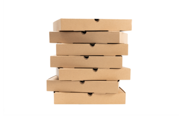 Front view of stack brown pizza box isolated on white background with clipping path.