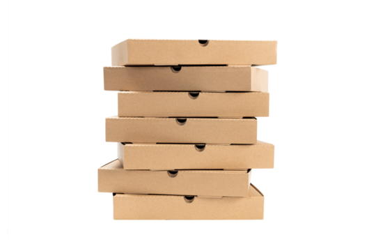 Front view of stack brown pizza box isolated on white background with clipping path.