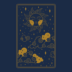 Tarot aesthetic golden card. Occult tarot design for oracle card covers. Vector illustration isolated in blue background
