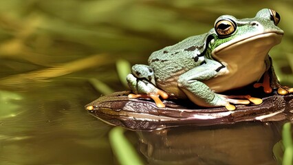 green frog sits in a pond and looks