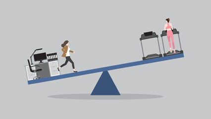 Work and life balance, priority life and health care concept. A woman runs on a seesaw between working table and cardio running on a treadmill at a fitness center. Exercise to stay away from sickness.